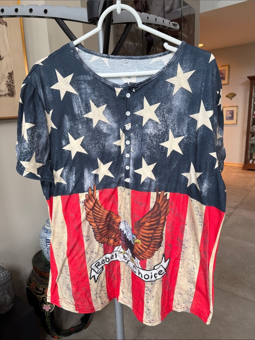 Distressed American Flag Eagle Short Sleeve Top - Red, White & Blue- women’s XXL